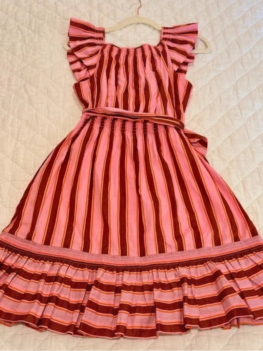 Kate Spade Dress Small Pink Brown Stripe Ruffle Sleeve Tie Waist Pockets cotton